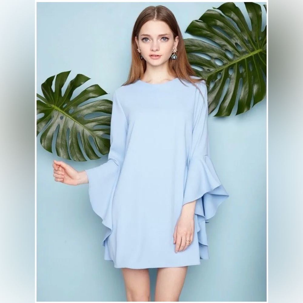 Pixie Market New Revival Blue Bell Sleeve Dress Ruffled Sleeve Mini Dress Sz XS